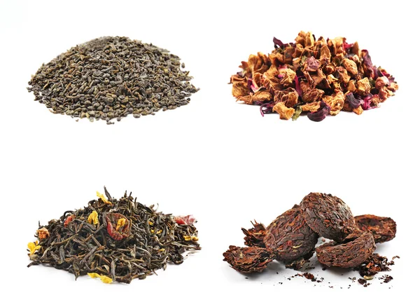 Assortment of dry tea, isolated on white — Stock Photo, Image