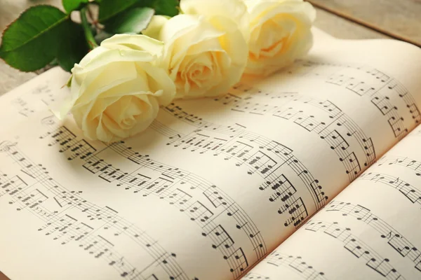 Belles roses sur les feuilles de musique — Photo