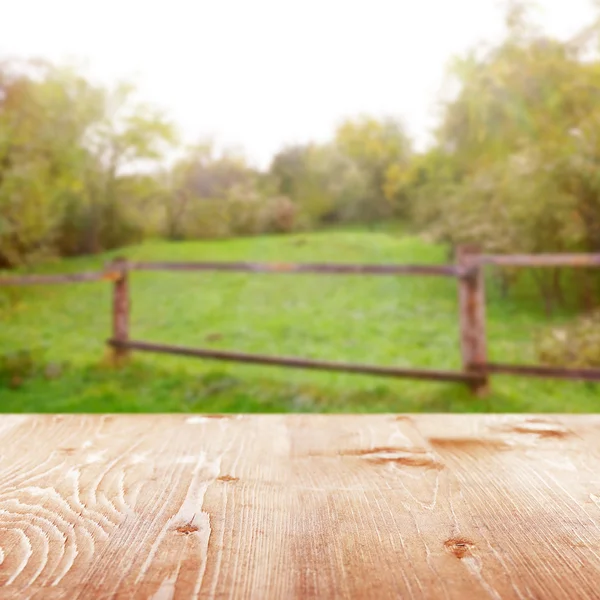 Table en bois sur nature floue — Photo