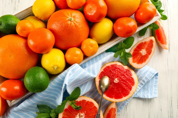 Uppsättning av olika citrusfrukter på ljust träbord — Stockfoto