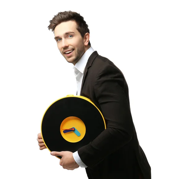 Man Black Suit Holding Big Clock Late Work White Background — Stock Photo, Image