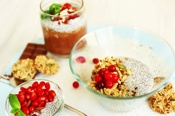 Soaked chia seeds with cereal biscuits and cranberry — Stock Photo, Image