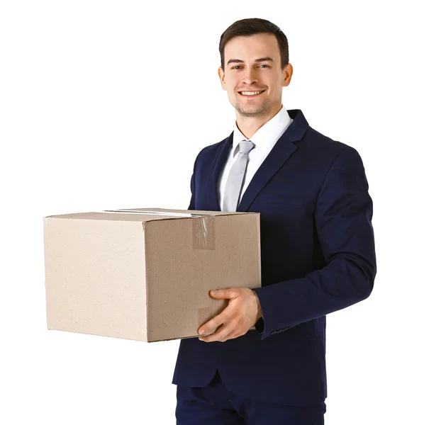 Człowiek w garniturze gospodarstwa pudełko kartonowe — Zdjęcie stockowe