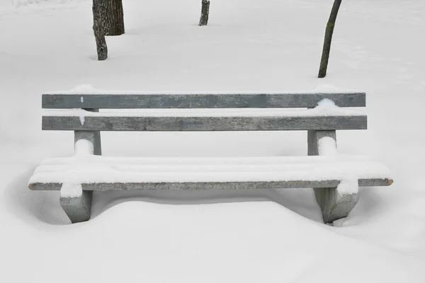 Bench covered with snow in park — Stock Photo, Image