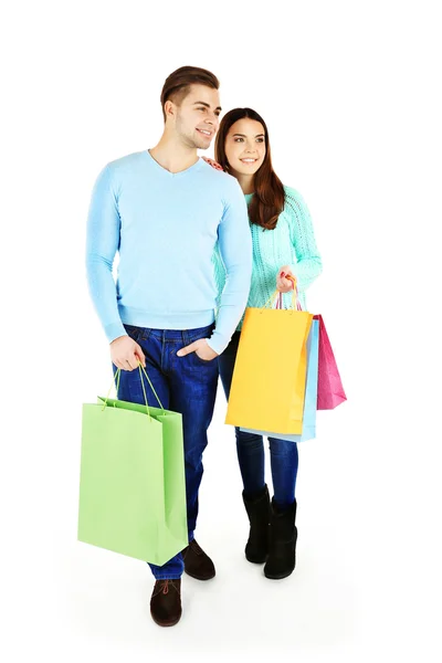 Casal com sacos de compras coloridos — Fotografia de Stock