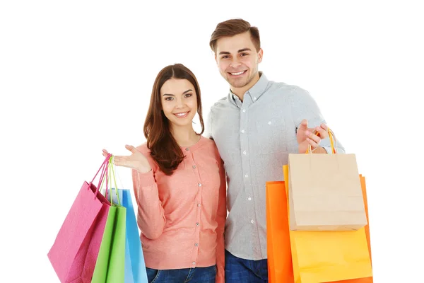 Renkli alışveriş torbaları ile Çift — Stok fotoğraf