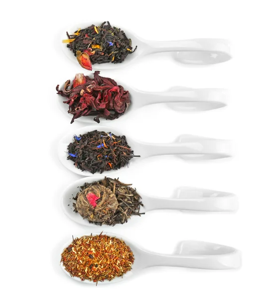 Diferentes tipos de té seco en cucharas de cerámica, aislado en blanco — Foto de Stock