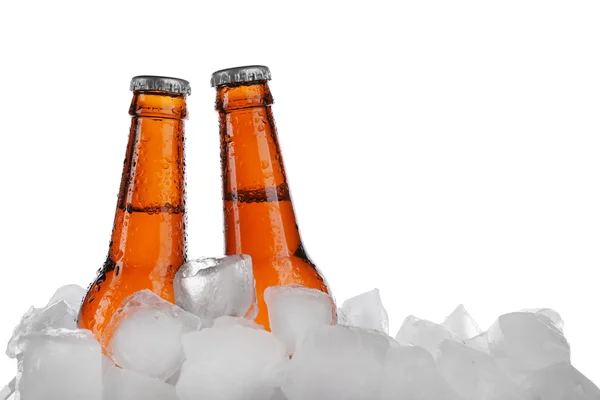 Frascos de cerveja em cubos de gelo, isolados sobre branco — Fotografia de Stock