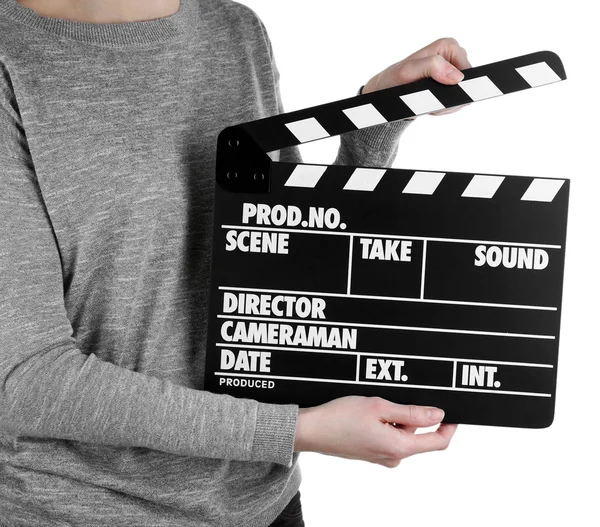 Female hands holding movie clapper — Stock Photo, Image