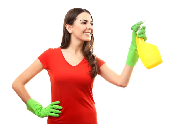 Mujer joven sosteniendo spray detergente — Foto de Stock