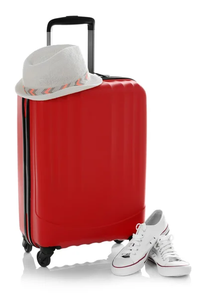 Suitcase with hat and gumshoes — Stock Photo, Image