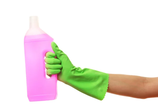 Γυναικείο χέρι που κρατά το απορρυπαντικό μπουκαλιών — Φωτογραφία Αρχείου