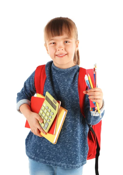 Schulmädchen mit Rucksack auf weiß — Stockfoto