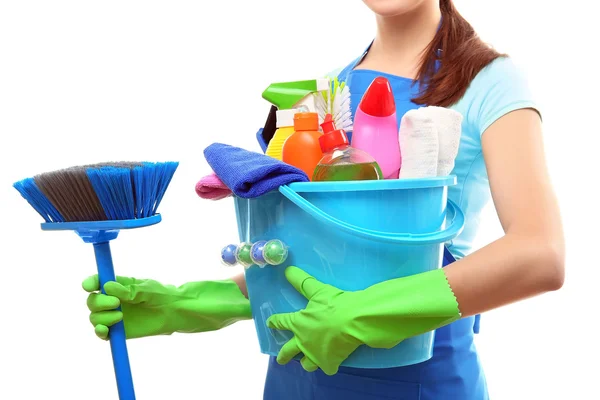 Vrouw bedrijf schoonmaken tools — Stockfoto