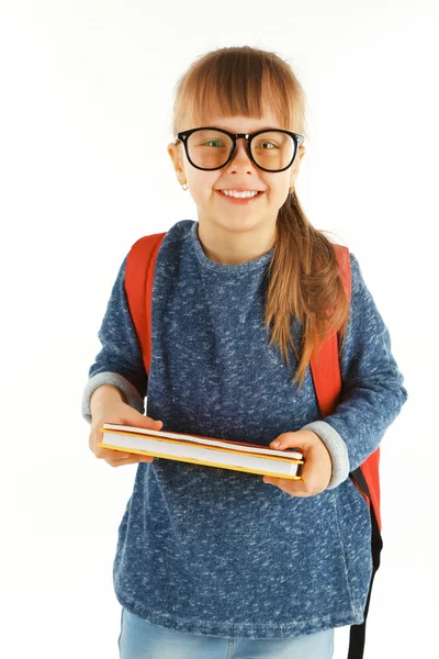 Schulmädchen mit Rucksack auf weiß — Stockfoto