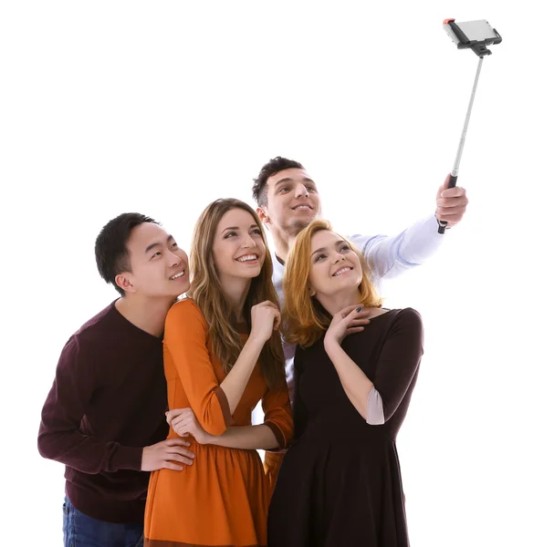 Jovens Que Tomam Selfie Com Celular Isolado Branco — Fotografia de Stock