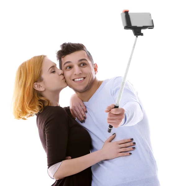 Ungt Par Tar Selfie Med Mobiltelefon Isolerad Vit — Stockfoto