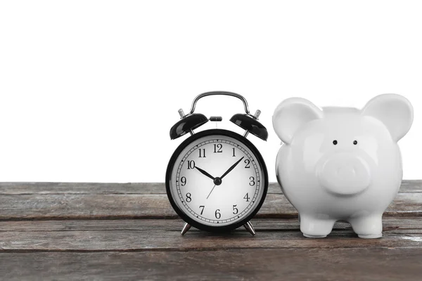 Witte piggy bank en klok — Stockfoto