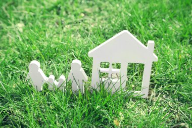 Ev ve aile yeşil bahar çimenlerin üzerinde rakamlar