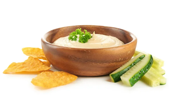 Wooden bowl of tasty hummus — Stock Photo, Image