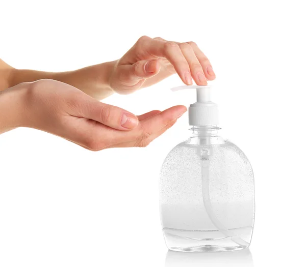 Female hands using liquid soap — Stock Photo, Image