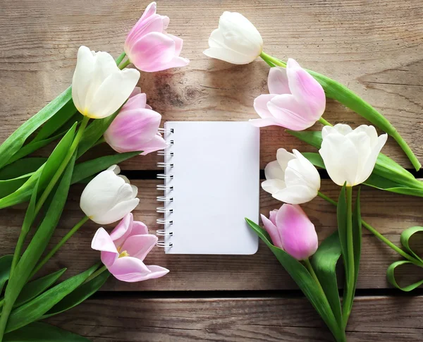 Tulipány s čistou notebook — Stock fotografie