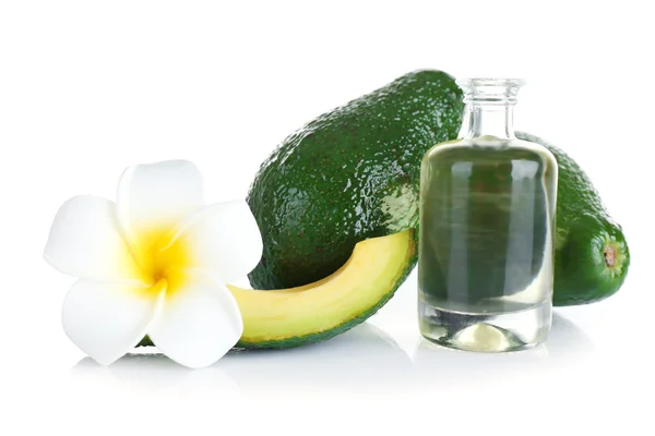 Avocado, plumeria and oil, isolated on white — Stock Photo, Image