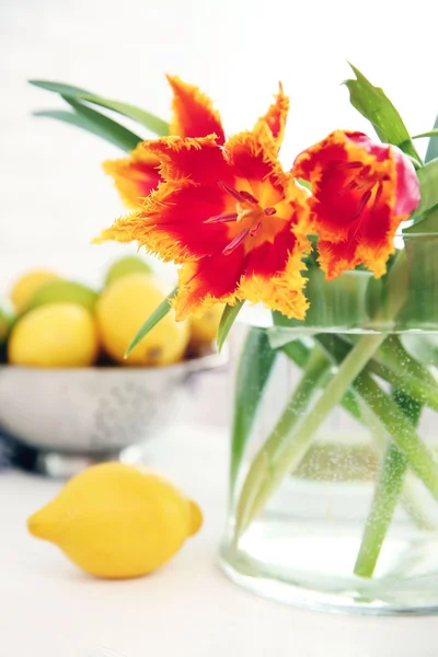 Un bouquet di tulipani rossi e ciotola di limoni sul tavolo bianco . — Foto Stock