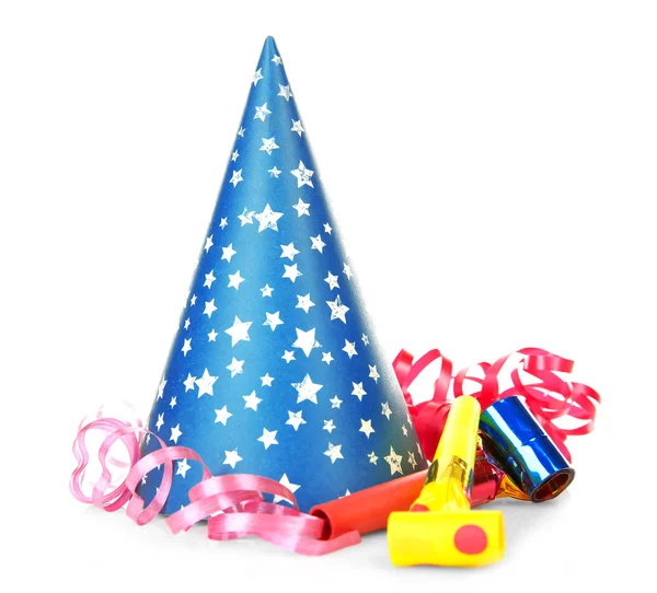 Partij hoed met confetti, geïsoleerd op wit — Stockfoto