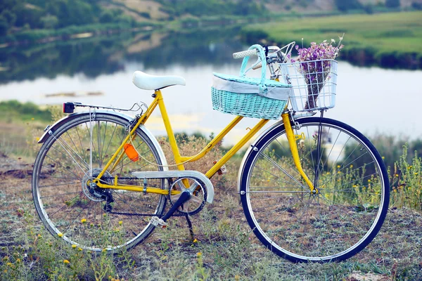 Bicicleta amarela no campo — Fotografia de Stock