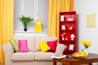 Modern iç mekan tasarımları. Oturma odası kanepe ve kitaplık