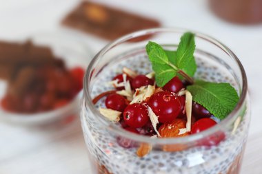 Çikolata chia tohum pudingle kızılcık ve ezilmiş badem, yakın çekim