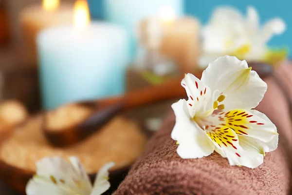 Fleurs avec bougies allumées — Photo