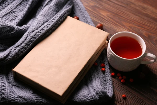 Libro, taza de té, avellanas — Foto de Stock