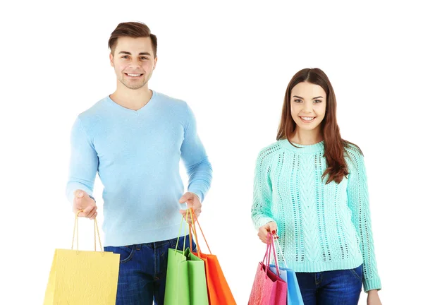 Koppel met kleurrijke Shopping tassen — Stockfoto