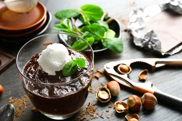 Glass cup of chocolate dessert — Stock Photo, Image