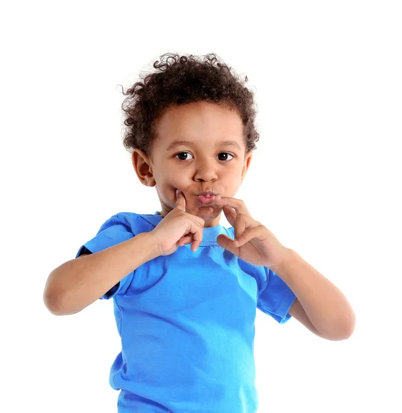 Little boy in blue shirt isolated — Stock Photo, Image