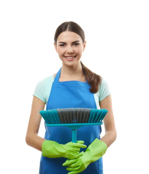 Young woman holding floor brush — Stock Photo, Image