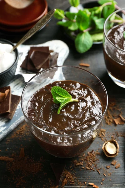 Glass cup of chocolate dessert — Stock Photo, Image