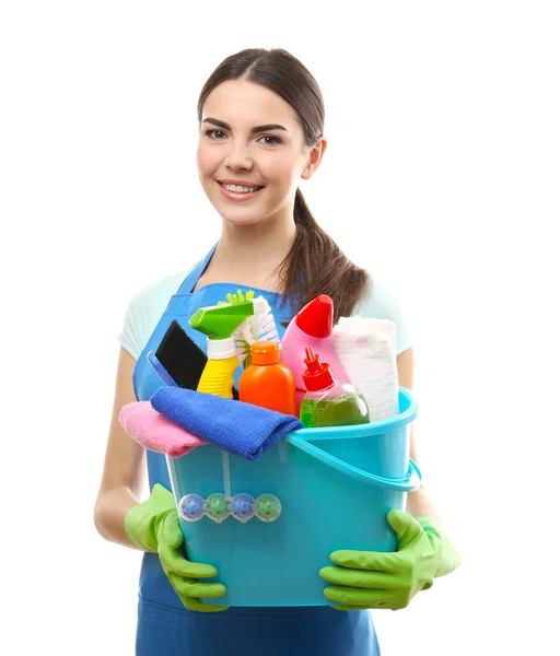 Woman holding cleaning tools — Stock Photo, Image