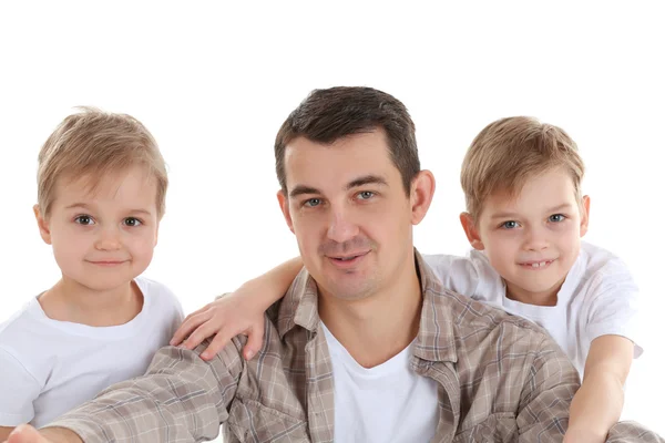 Papà Fare Selfie Con Suoi Figli Isolati Bianco — Foto Stock