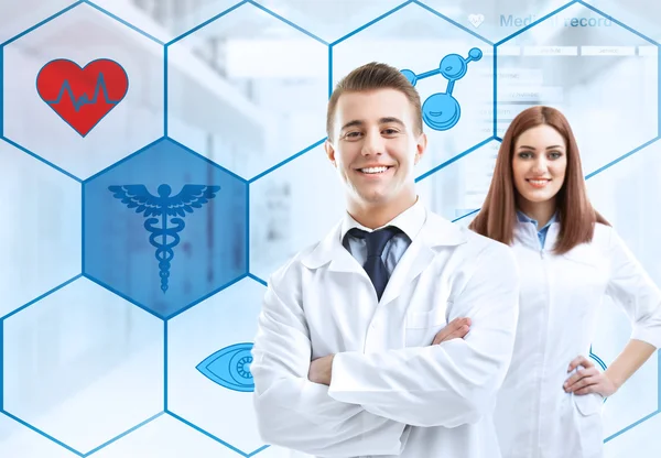 Dos Médicos Iconos Medicina Segundo Plano Concepto Tecnología Médica — Foto de Stock
