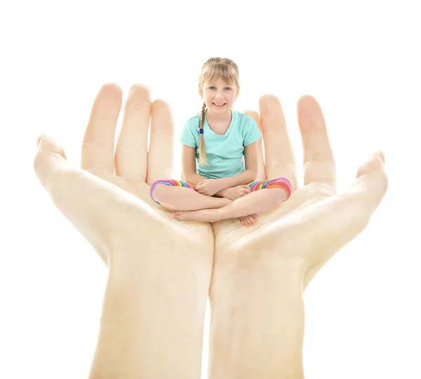 Liten Flicka Sitter Händerna Isolerad Vit — Stockfoto