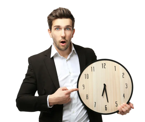 Man Black Suit Holding Big Clock White Background — Stock Photo, Image