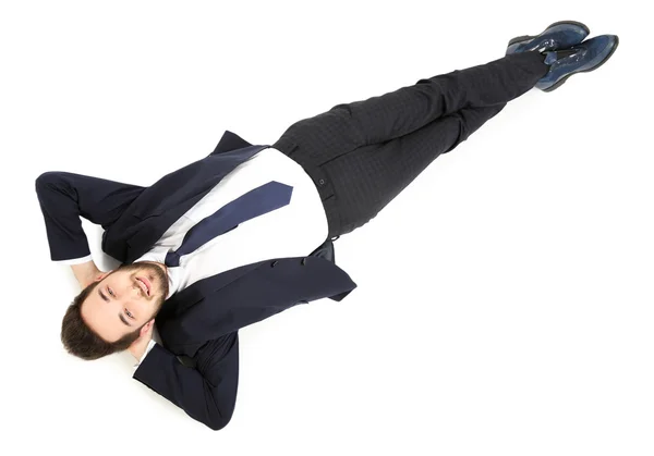 Jovem Empresário Cansado Deitado Chão — Fotografia de Stock