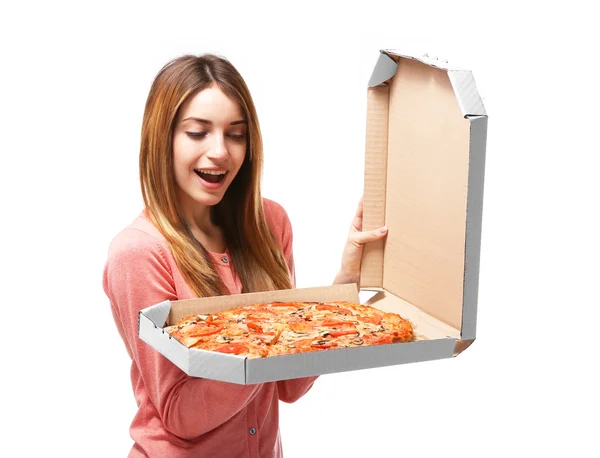 Nő gazdaságban forró pizza — Stock Fotó