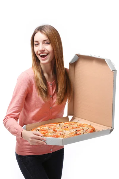 Vrouw bedrijf hete pizza — Stockfoto