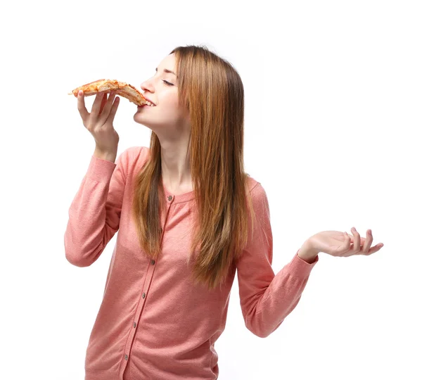 Frau isst heiße Pizza — Stockfoto