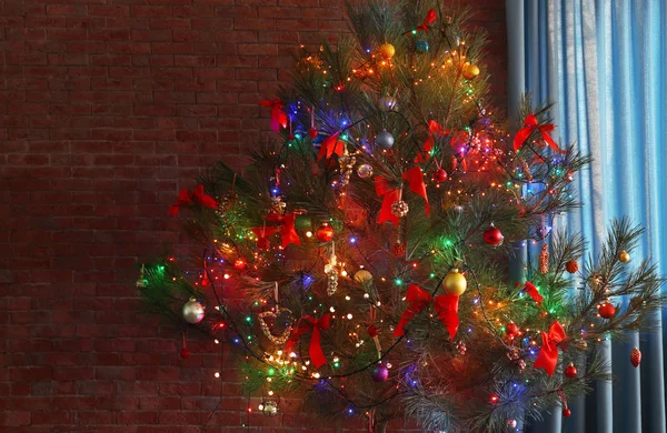 Boże Narodzenie Drzewo Tle Cegła — Zdjęcie stockowe