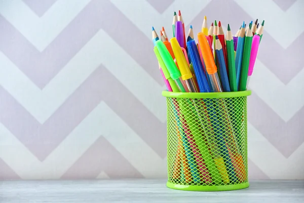 Pencils in metal holder — Stock Photo, Image